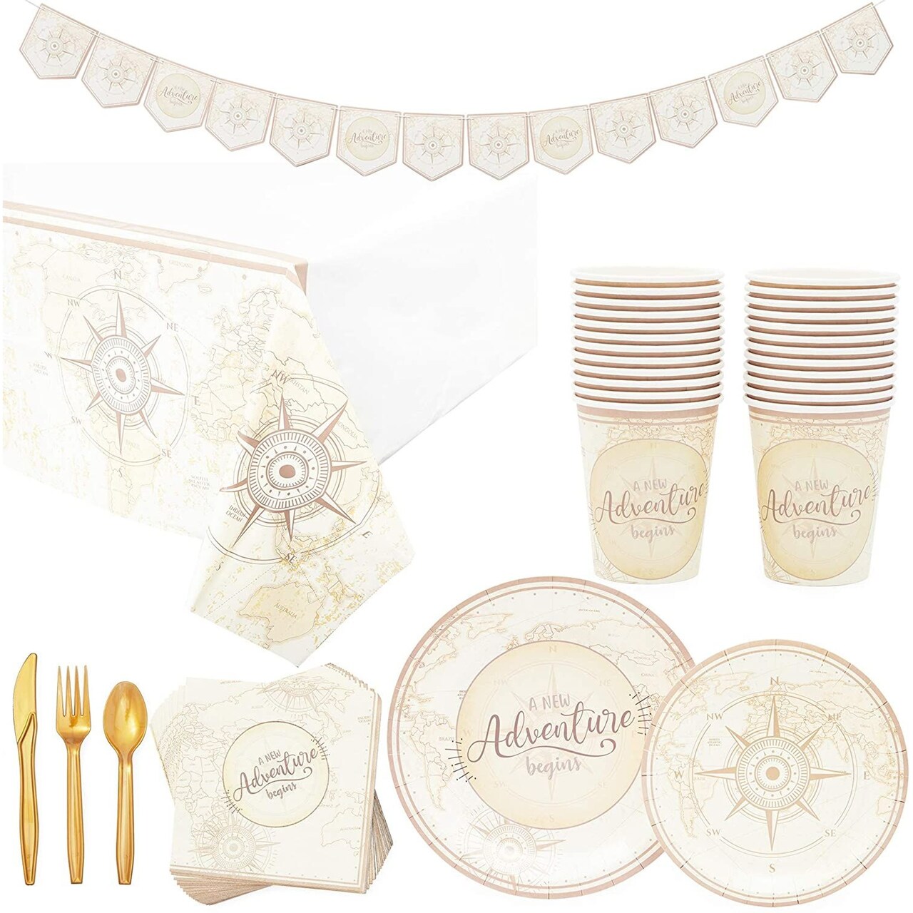 170 Piece A New Adventure Begins Party Decorations for Baby Shower, Graduation, Serves 24 Includes Travel-Themed Plates, Napkins, Cups, Tablecloth and Banner